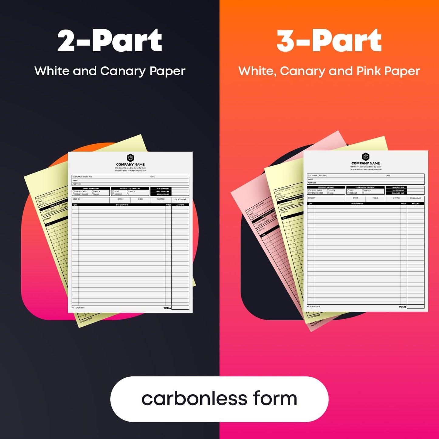 Custom Print 8.5" x 11" Carbonless NCR Forms for Printing Business and Company Invoices, Receipts, Work Orders, Sales Orders, Purchase Orders, Estimates and Quotes - Loose Sheets (2-Part, 100)