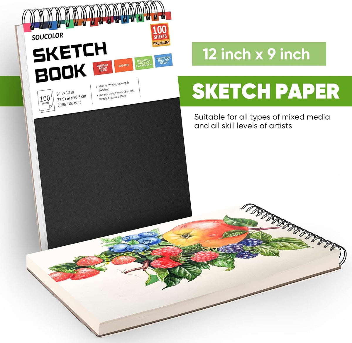 Soucolor Art and Craft Paper for Kids Adults Artists Doodles, School Projects & Home Painting, 9"x12" Bulk Sketch Books 3-Pack (100 Sheets Each) | Spiral Bound Drawing Paper Acid Free (68lb/100gsm)