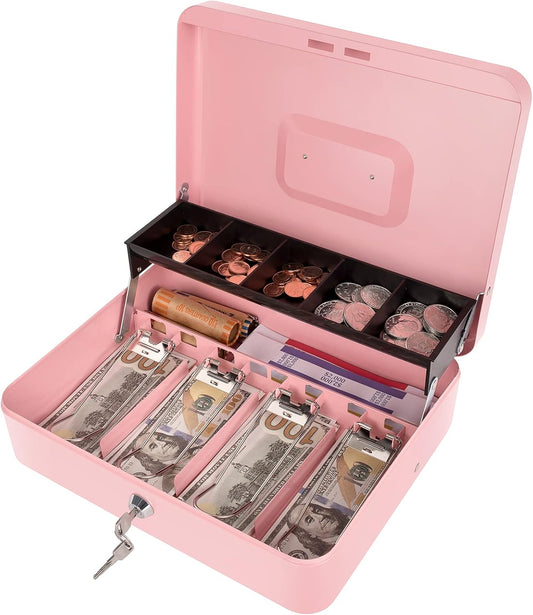 Cash Box with Money Tray and Key Lock, Money Box with Safe Locking, Money Saving Lock Box for Cash Register 11.8"x9.45"x3.54" Pink XL Large