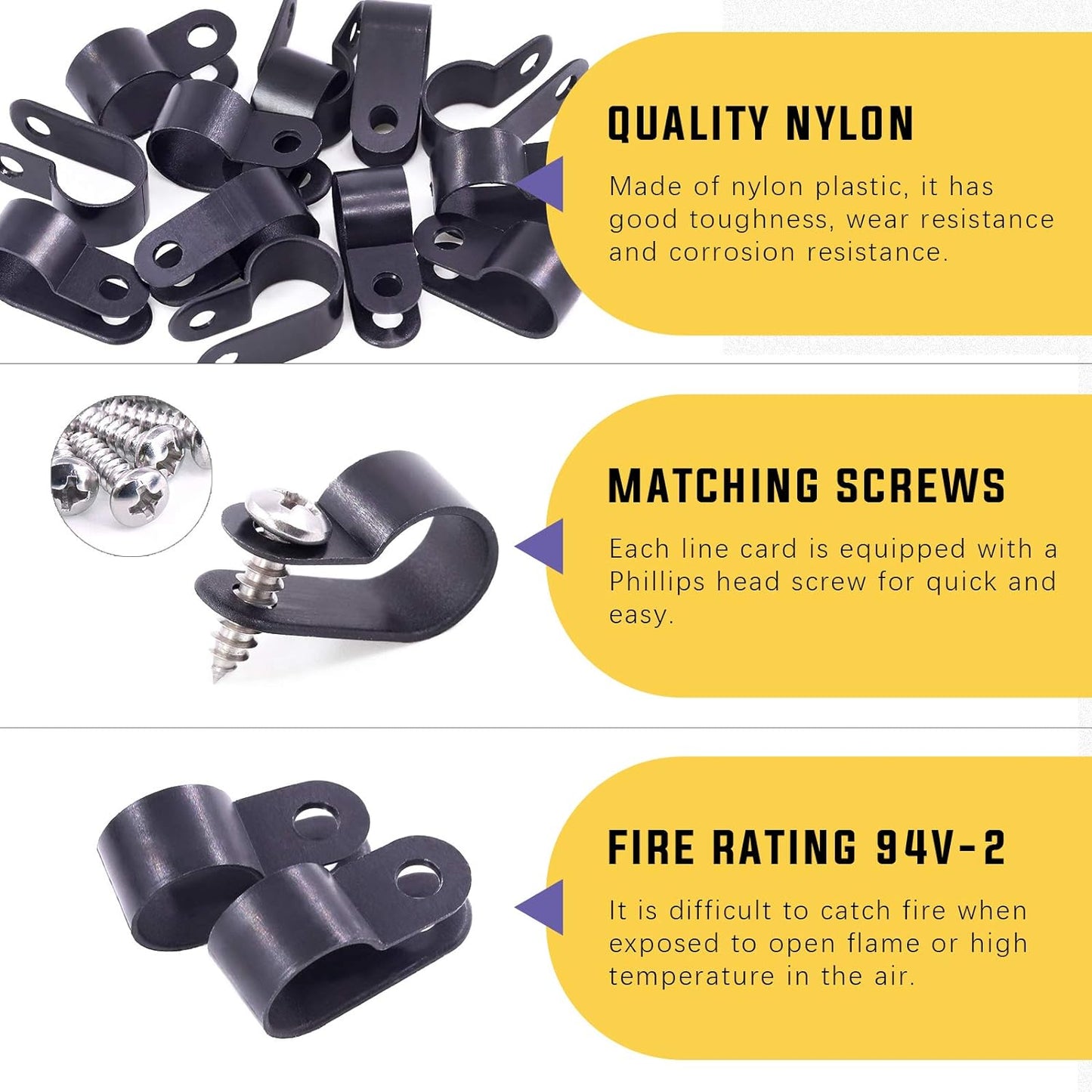 Swpeet 60 Pack Black 1/2 Inch Nylon Plastic R-Type Cable Clips Clamp Kit, Nylon Screw Mounting Cord Fastener Clips with 60 Pack Screws for Wire Management