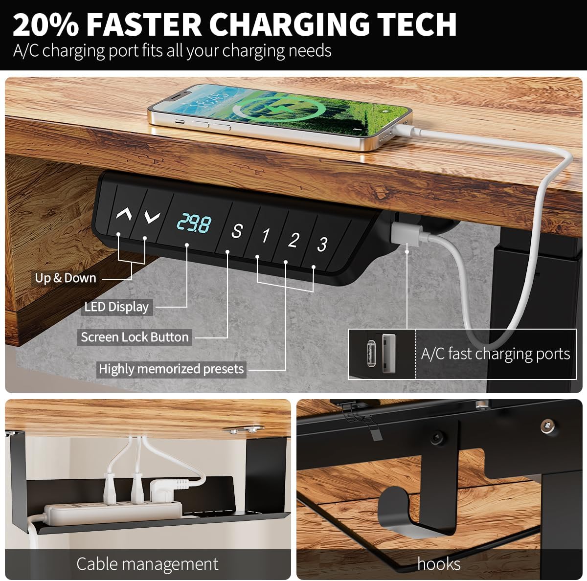Standing Desk with Fast Charging USB Ports, 63" x 30" Height Adjustable Home Office & Gaming Desk, Sit Stand Desk with Built-in Storage Shelf, Hook & Ergonomic Design(Light Rustic)