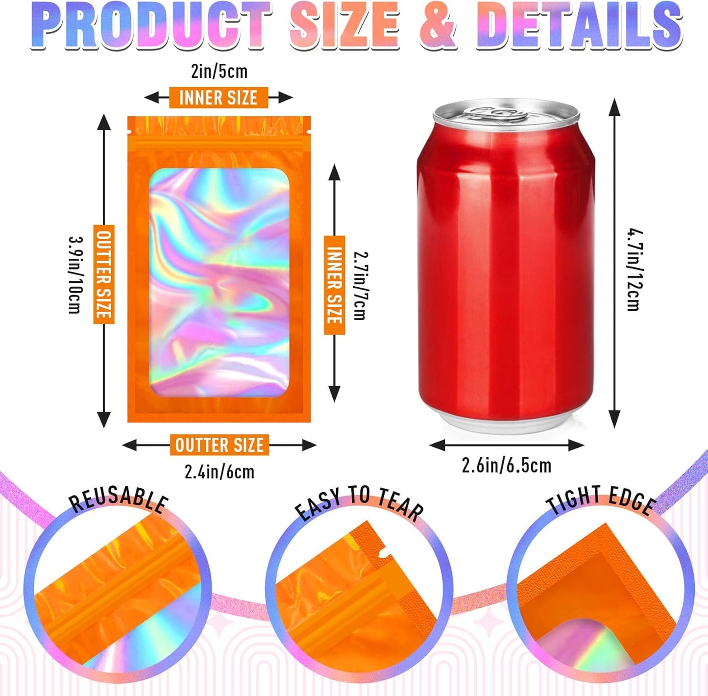 Smell Proof Bag, 100 PCS Mylar Bags, Holographic Bags with Sealing Strip (2.4x3.9 Inch)