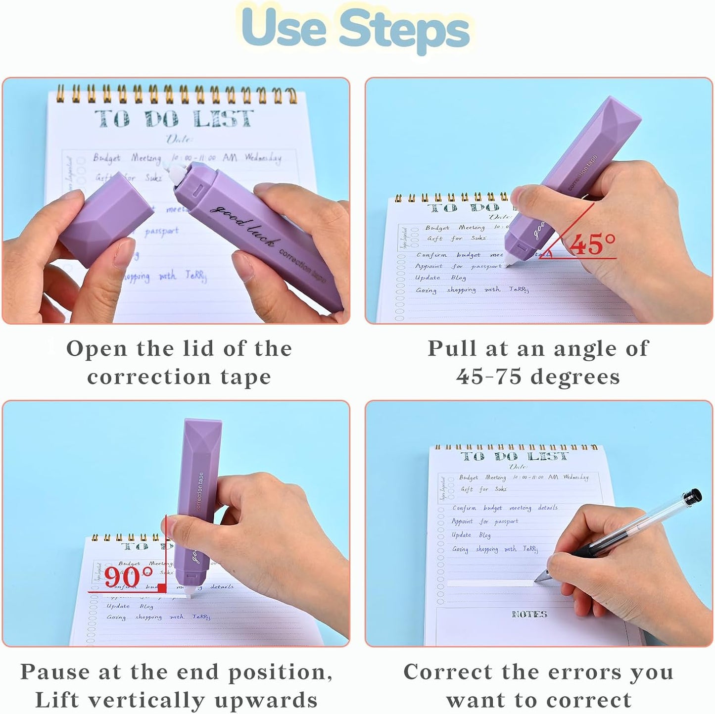 Temiary 5 Pcs White Correction Tapes, Aesthetic Correction Tape Pens Smooth Pull Out, Easy to Use Pen Shaped Applicator for Students School Office Supplies (Purple)
