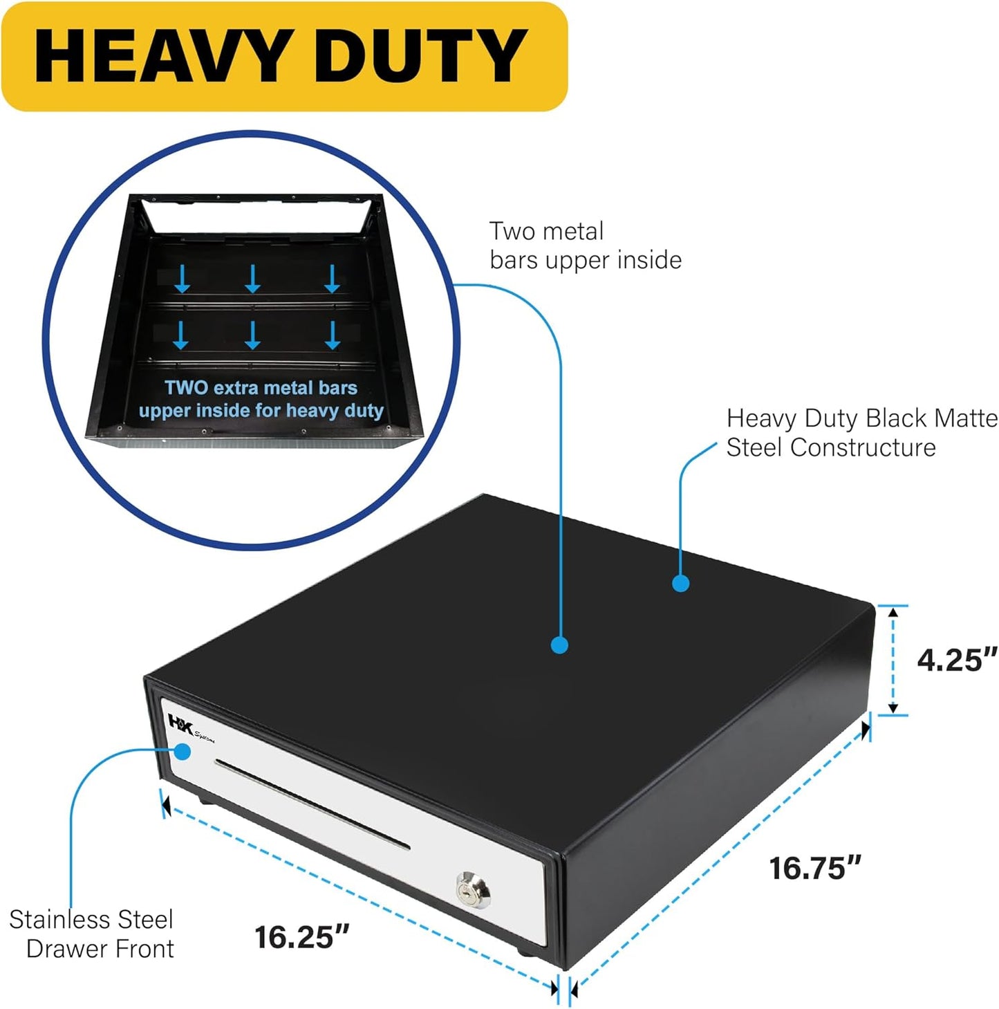 HK SYSTEMS 16inch Heavy Duty Manual Push-Open Cash Drawer with 5Bill/5Coin, Removable Till, Stainless Steel Front with Single Large Media Slot, Black