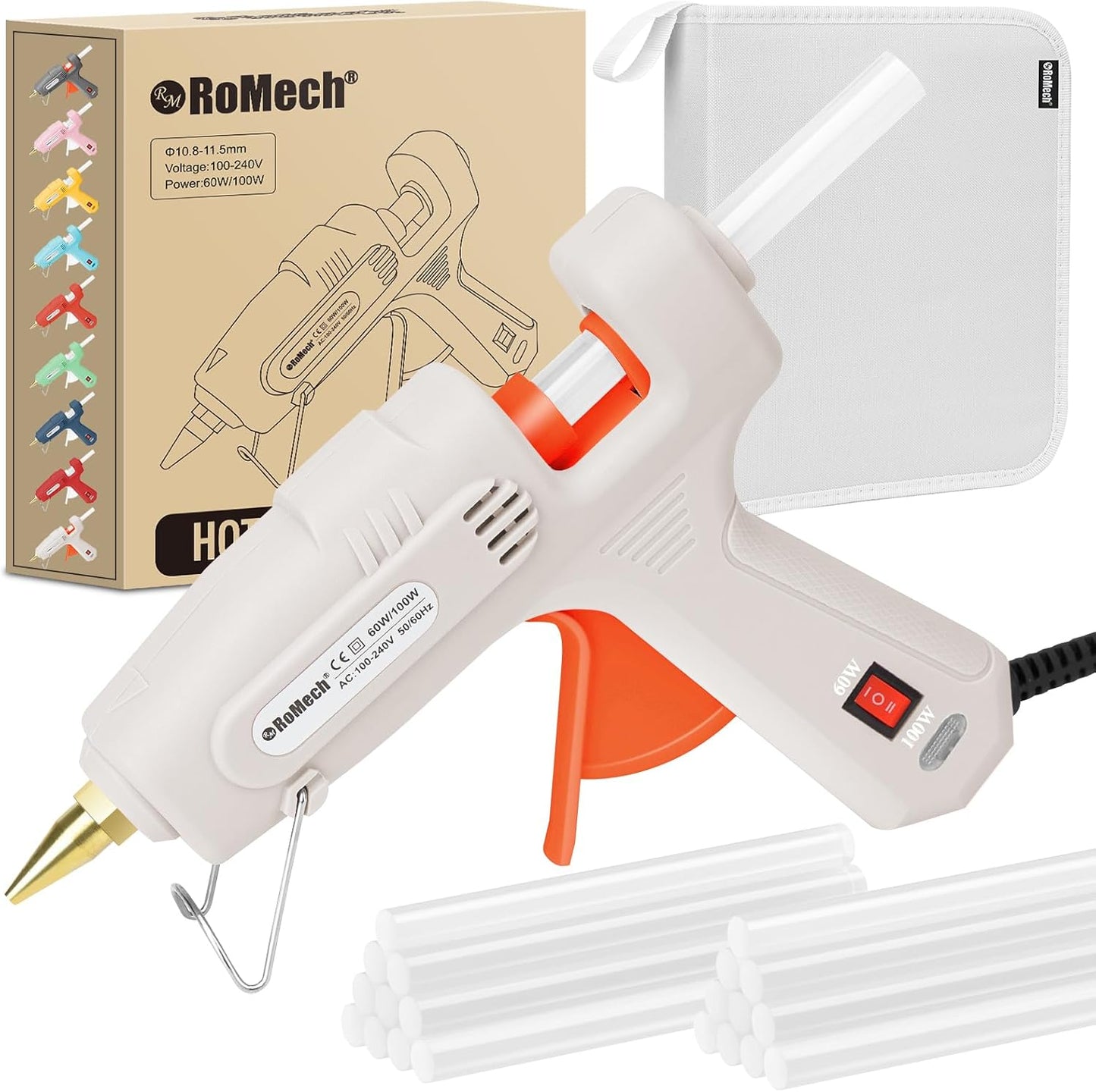 ROMECH Full Size Hot Glue Gun with 60/100W Dual Power and 21 Hot Glue Sticks (7/16"), Fast Preheating Heavy Duty Industrial Gluegun with Storage Case for Crafting, DIY and Repairs (White)