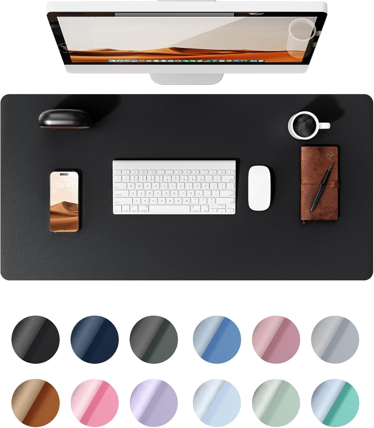 YSAGi Leather Office Desk Pad Protector, Large Mouse Pad, Non-Slip, PU Leather, Laptop Desk Blotter, Waterproof Writing Pad for Office and Home, Black, 23.6" x 13.8"