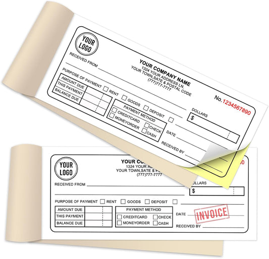 Custom Sales Invoice Personalized Carbonless NCR Forms with Company Name/Logo Personalized Invoice, Receipt Book, Work Sales Purchase Orders, Estimates, Quote Forms 7" x 2.83" - 2 Part(100 Sets)
