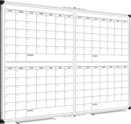 XBoard Magnetic Calendar Whiteboard 48x36 inch, 4 Month Dry Erase Board Planner with Silver Aluminium Frame, Foldable White Board Calendar for Home School Office Organization