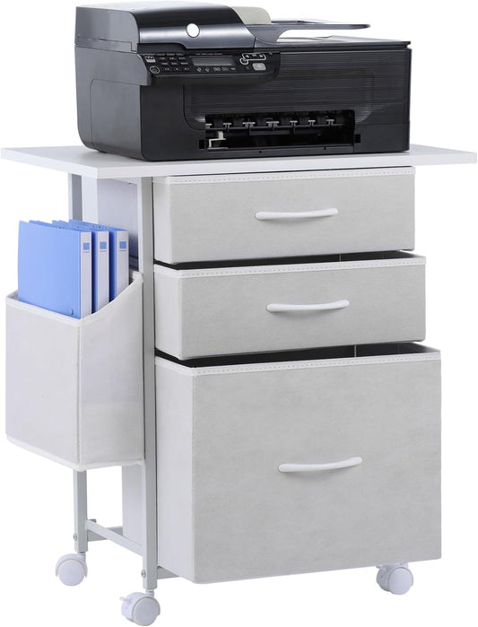 Printer Stand with 3 Fabric Drawer, Mobile File Cabinet for Home Office with Storage Bag, Rolling Under Desk Organizer Shelf, Fits A4 or Letter Size, Complete Top Plate Fast Assembly (White)