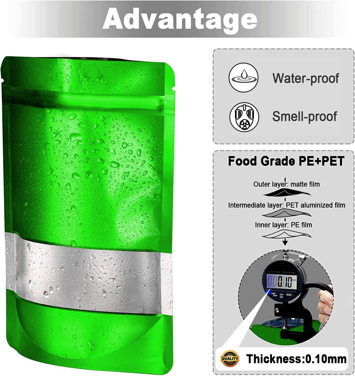 6.3"x9.5" 120pcs Mylar Bags for Food Storage,Smell Proof Bag with Matte Window Resealable Food Storage Bags for Small Business, Stand-up Foil Pouch Packaging Freeze Dried Candy Bag （Green）