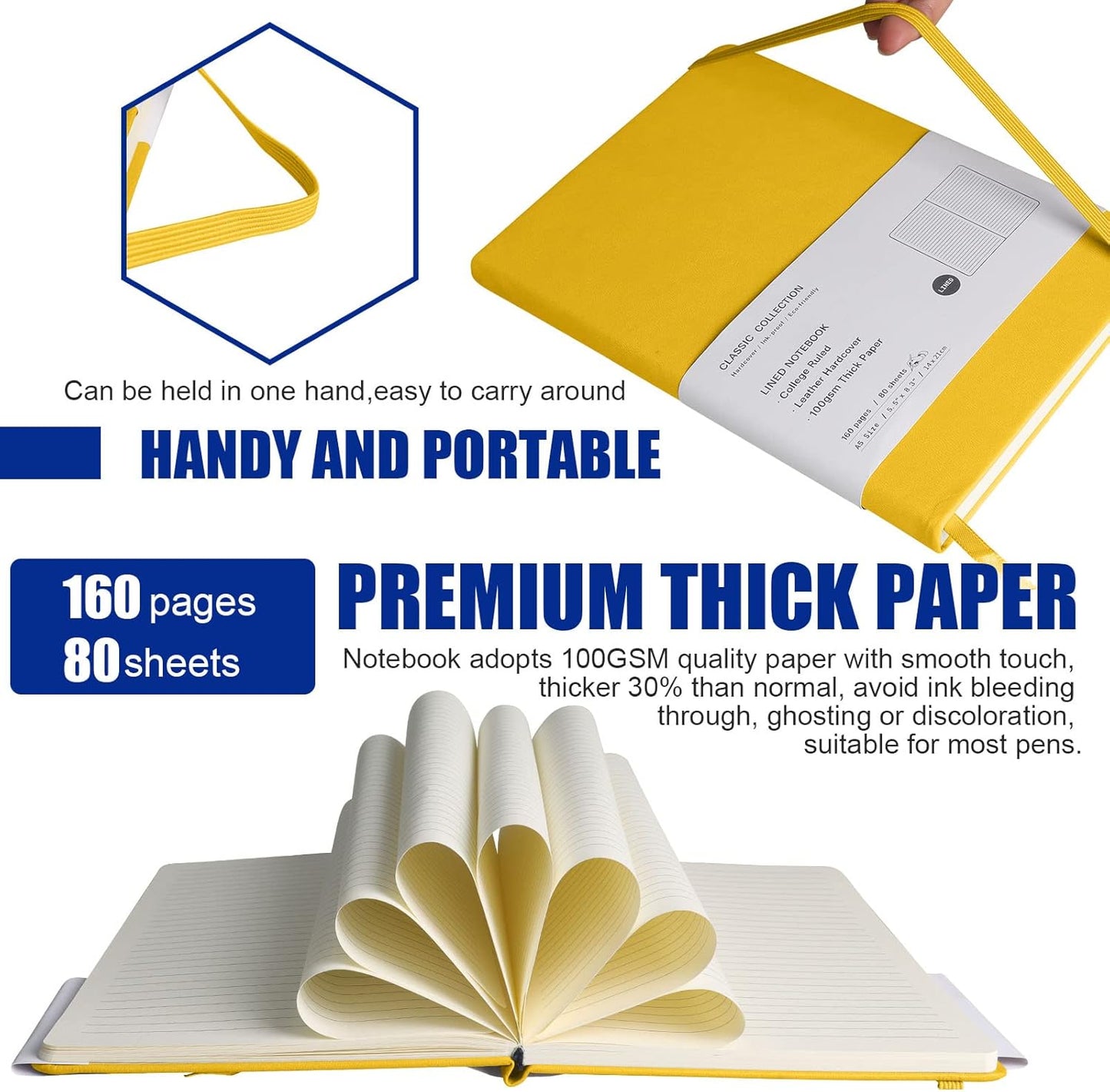 Lined Journal Notebook, 6Pack(bright yellow), 160 Pages, Medium 5.7 inches x 8 inches - 100 gsm Thick Paper, Hardcover