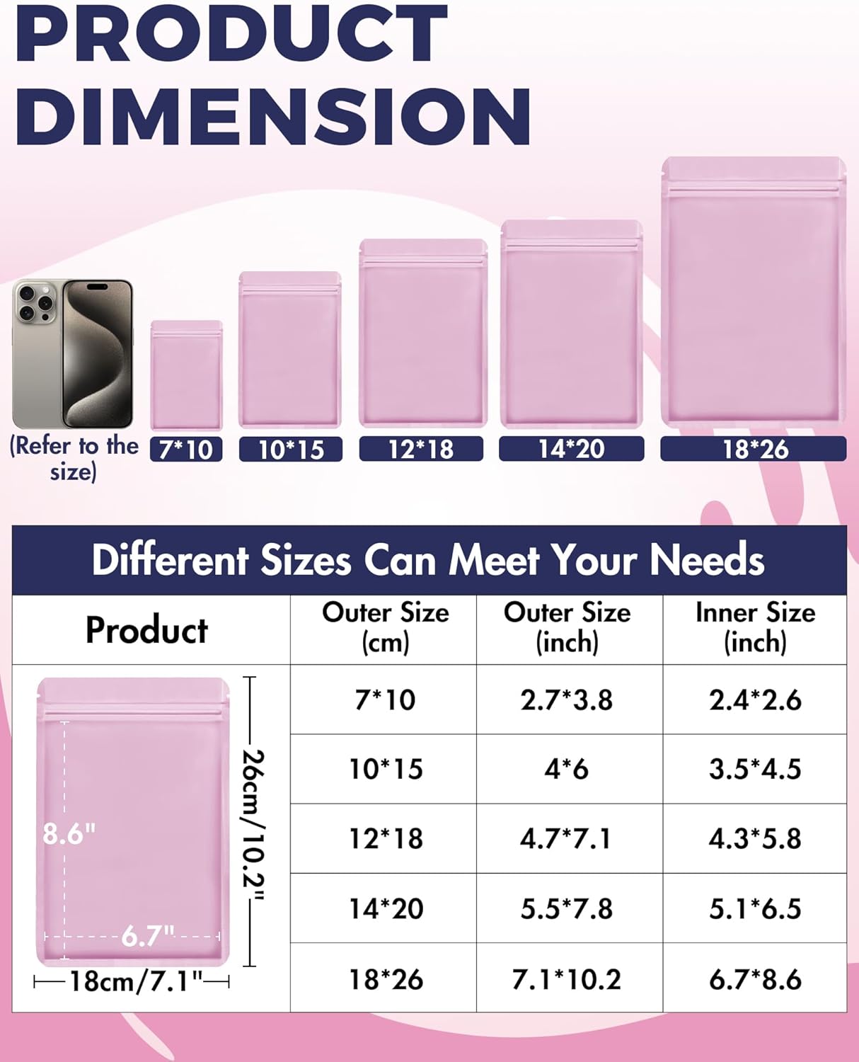 FireKylin 100 Pack Resealable Packaging Bags for Small Business Double-Sided Color Smell Proof Bags for Food Storage Flat Bags (Pink, 7.1" x 10.2")