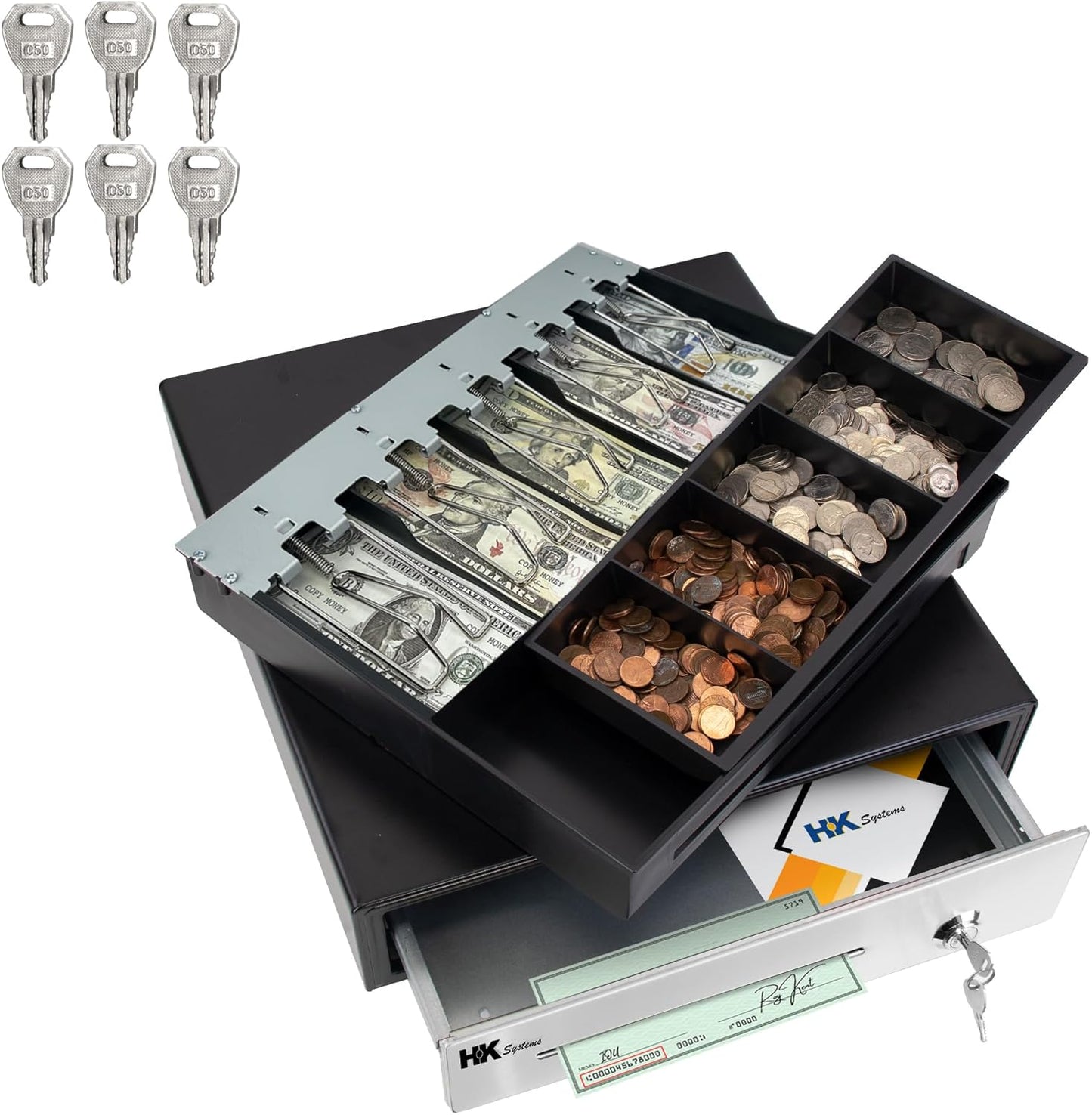 HK SYSTEMS 16""Stainless Steel" Front Heavy Duty Black POS Cash Drawer with 5Bill/5Coin and Till Cover
