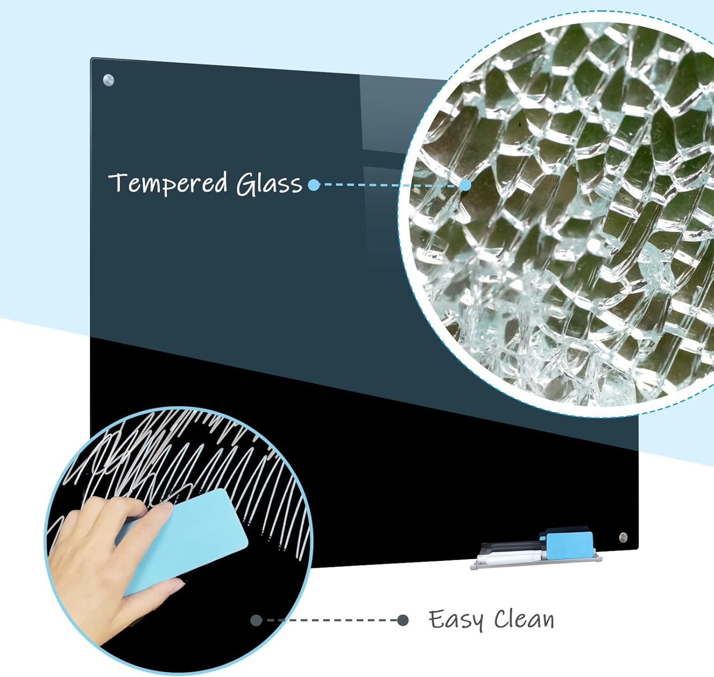 Magnetic Black Glass Board with Eraser Frameless Tempered Glass Dry Erase Blackboard with Marker Tray for Interactive Office, Wall Mounted Frosted Black Glass Board, 48" x 36"