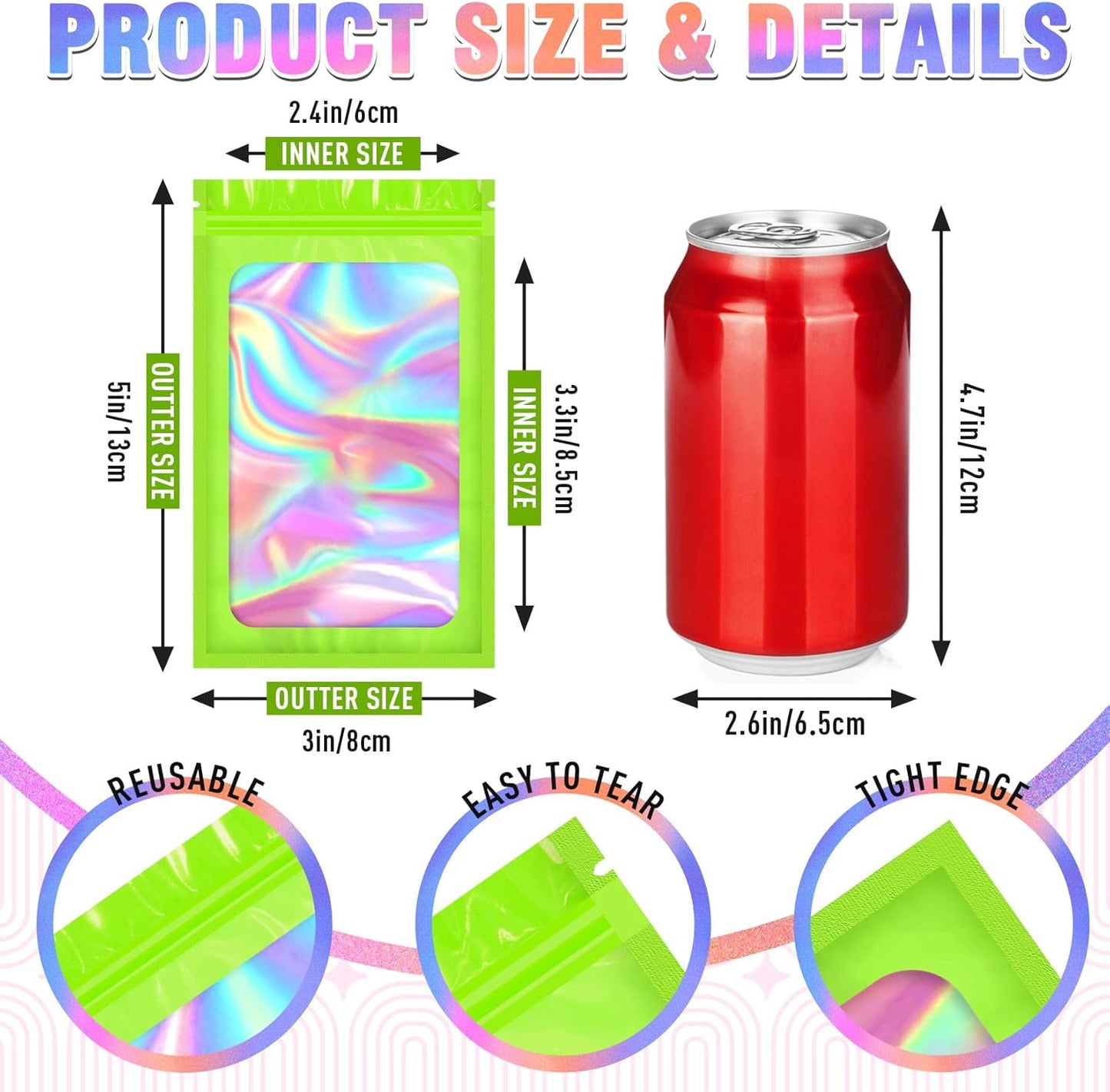 Smell Proof Bag, 100 PCS Mylar Bags, Holographic Bags, Packaging Bags (3x5 Inch)