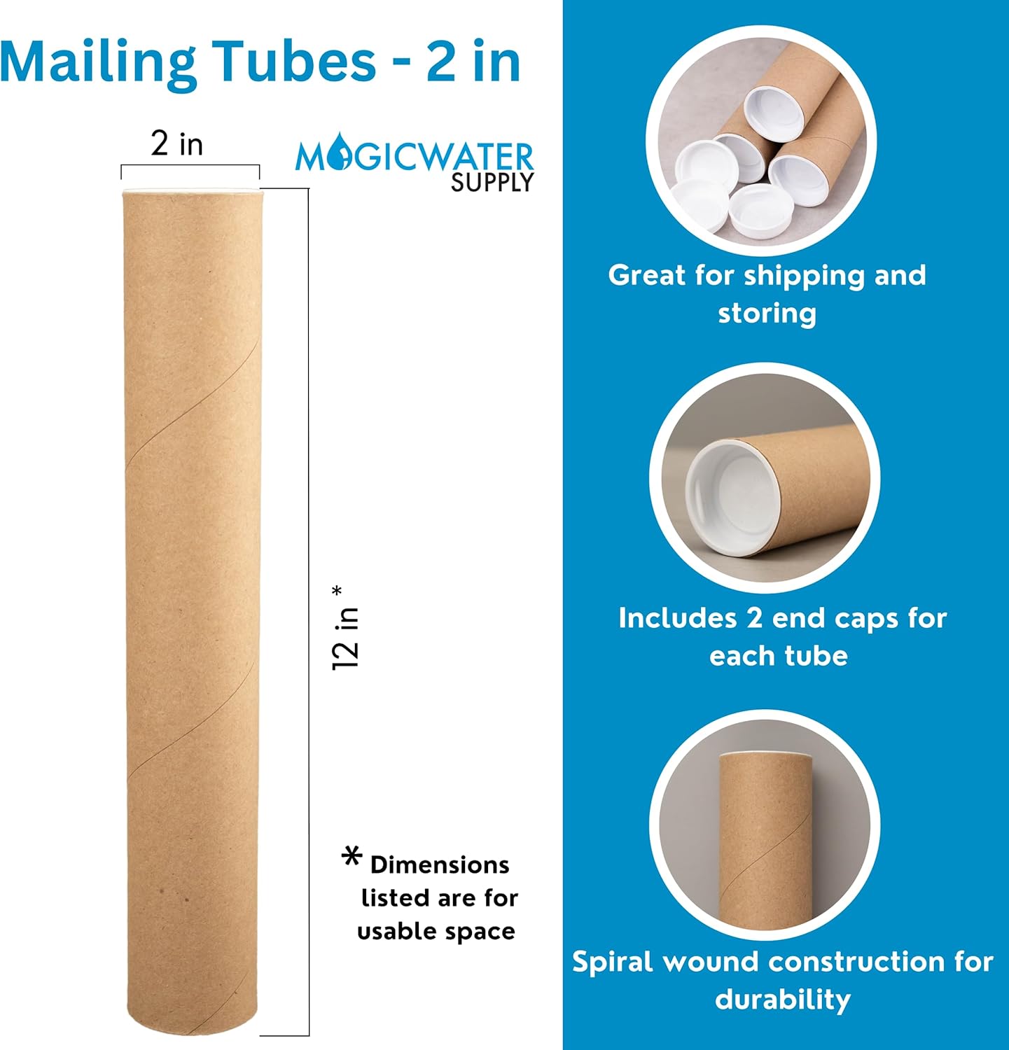 MagicWater Supply Mailing Tube - 2 in x 12 in - Kraft - 12 Pack - for Shipping and Storage of Posters, Arts, Crafts, and Documents