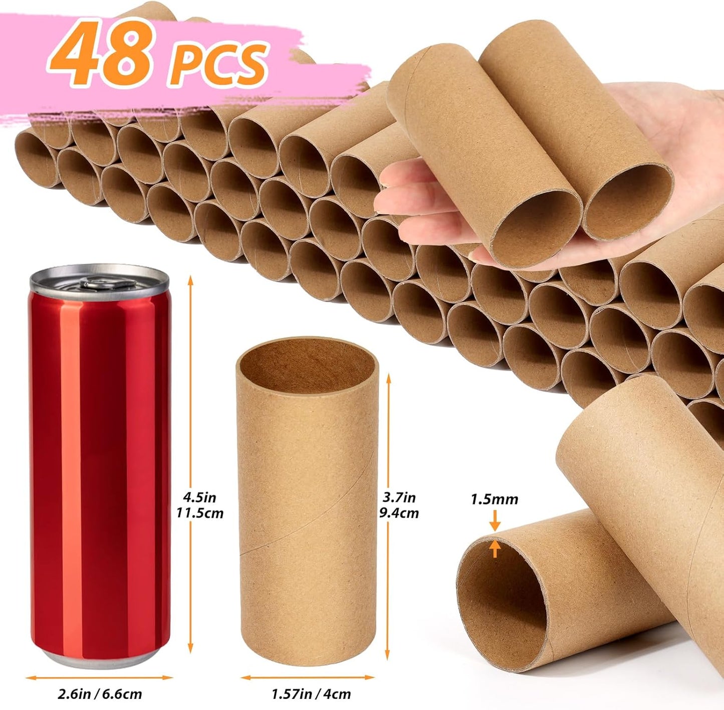 Modacraft 48-Pack Brown Cardboard Tubes (1.57"x3.7") | Empty Toilet Paper Rolls for DIY Crafts, Kids Art Projects, STEM Classroom Supplies | Green Friendly & Safe