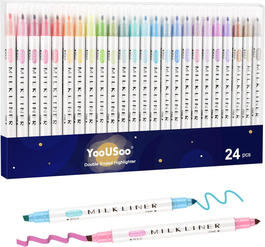 YOOUSOO Pastel Highlighters, Highlighters Assorted Colors, 24 Unique Retro Colors, Quick Dry Dual tip and Fine Tip No Bleed Highlighter Markers for Bible Journals Planners Books Notes