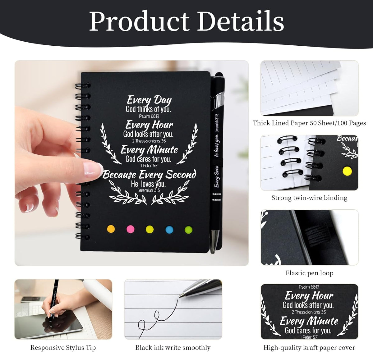400 Pcs Bulk Christian Gifts Prayer Journal for Woman - 200 Set Religious Notepad with Christian Pen - Bible Notebook - Church Gifts for Inspirational, Bible Study, Devotions (Black)