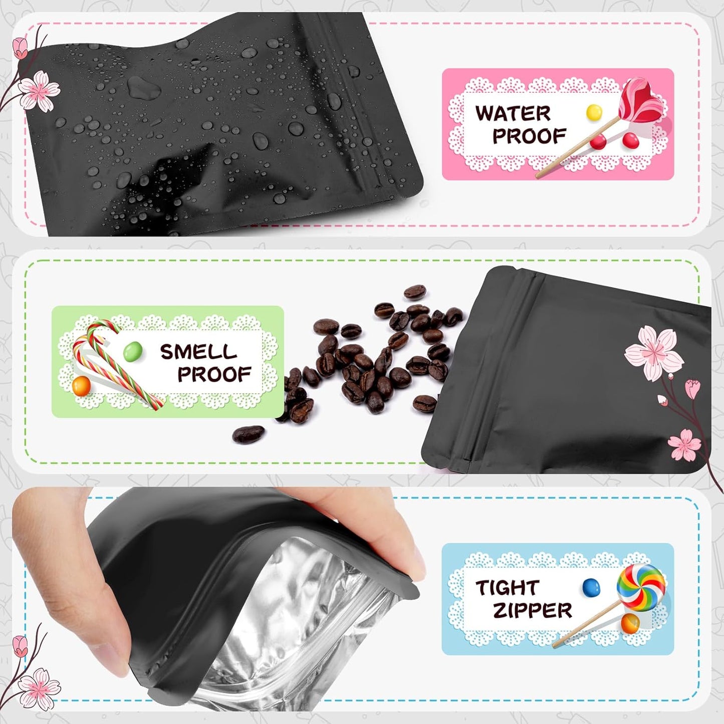 Funfery 100 Pack Black Mylar Packaging Bags Resealable Bags Double Sided Color Odor Proof Pouch Baggies Smell Proof Foil Bag for Food Storage,Small Business(Black,7x10inch)