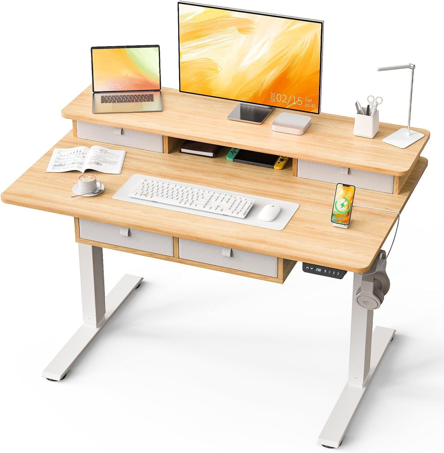 Standing Desk with Fast Charging USB Ports, 48" x 30" Height Adjustable Home Office & Gaming Desk, Sit Stand Desk with Built-in Storage Shelf, Hook & Ergonomic Design(Maple)