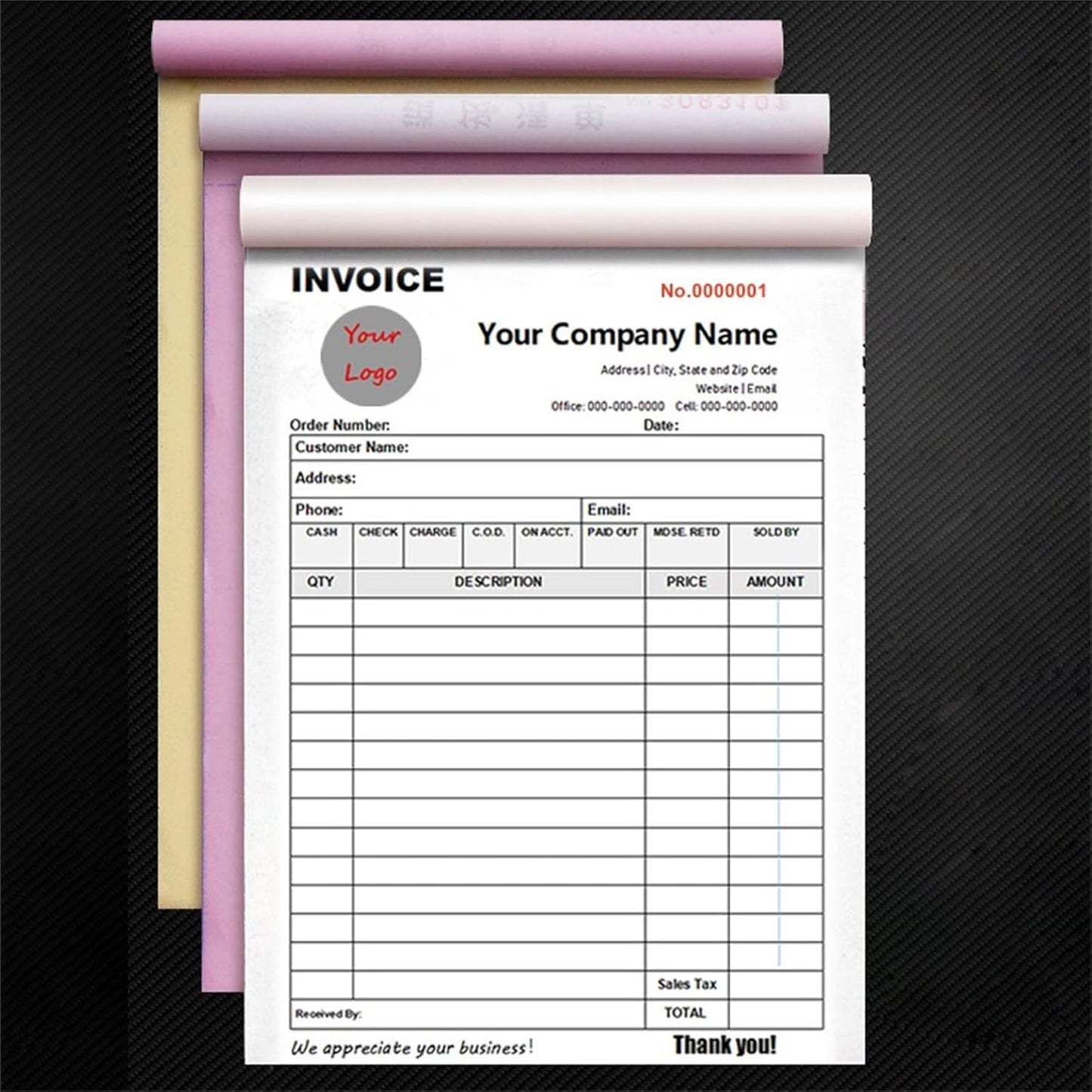 Custom Invoice Book in 3-Part /2-Part Receipt Book with Carbon Copies Personalized Carbonless Service Invoice Form Books Sales Order Book with Company Name Logo Address,A-Invoice Book with Logo