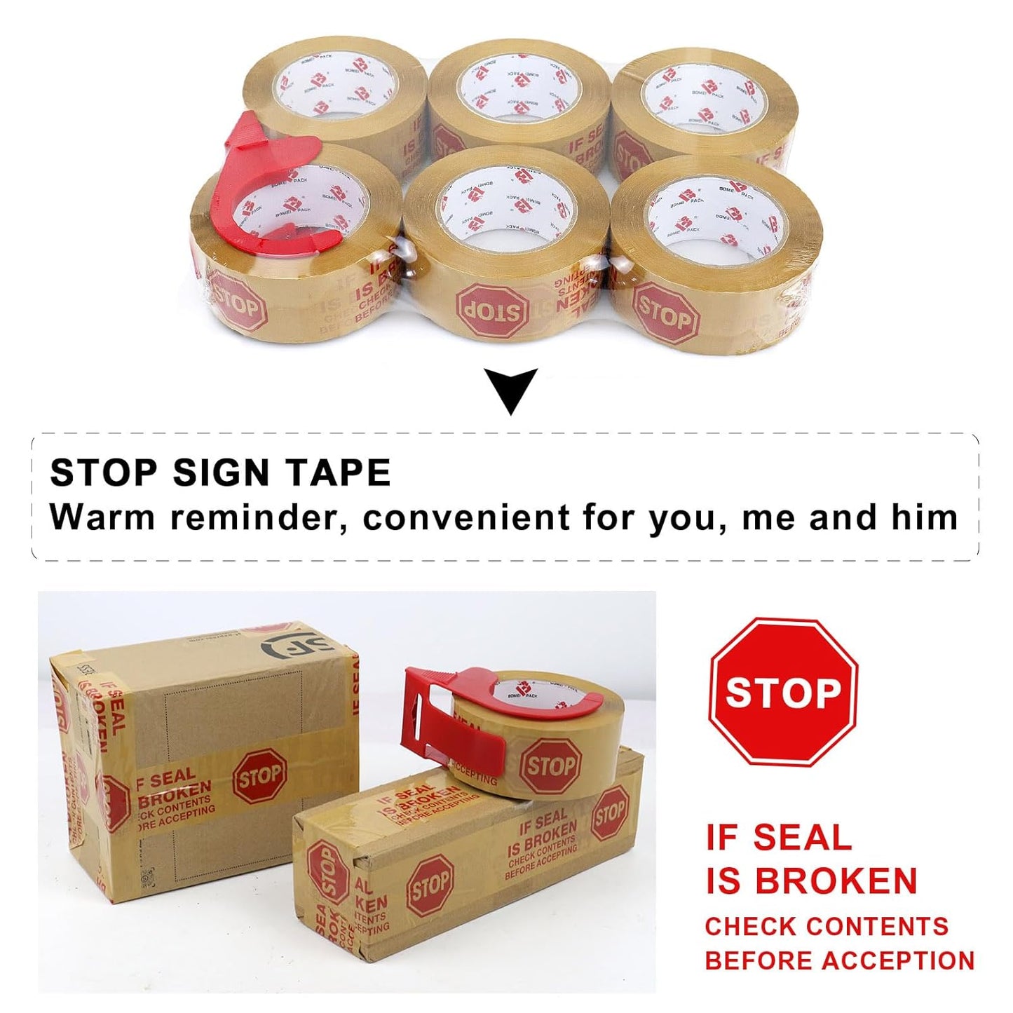 Stop Sign Sealing Tape Pre-Printed IF Seal is Broken,Check Contents Before Accepting,Heavy Duty Packing Tape with Dispenser 2 Inch x 110 Yards,Packaging Tape for Moving and Shipping (Brown)