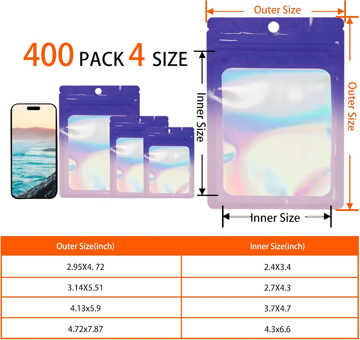 400 Pack 4 Sizes Resealable Mylar Holographic Bags Food Storage Smell Proof Bags with Front Window Foil Packaging Pouch for Sample Jewelry Small Business (Holographic,3x4.7,3.1x5.5,4x 6,4.7x 7.9in)
