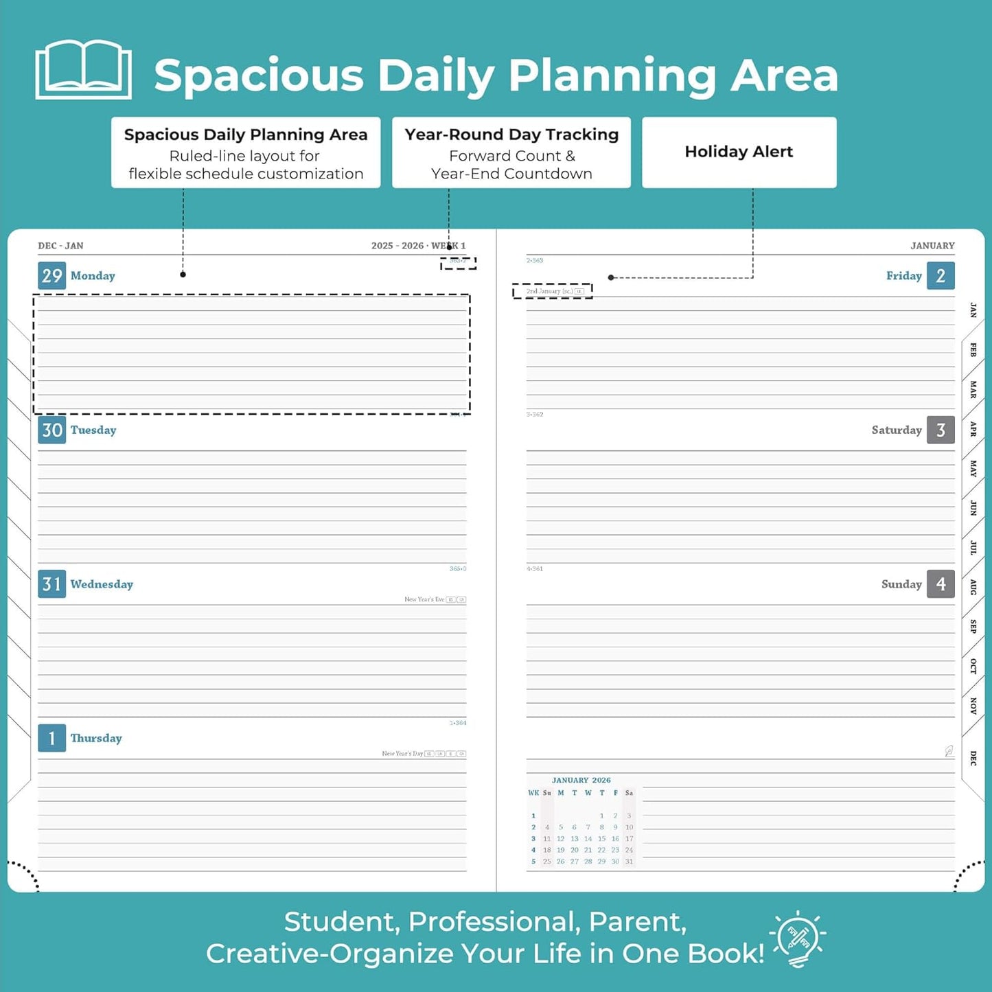 Weekly Monthly 2026 Planner (Jan.26-Dec.26),8.5"x6.5",12 Months Agenda Plan with Month Tabs & Pocket,Expenses/Note Pages, Appointment Book Calendar with Vegan Leather Cover,Light Blue
