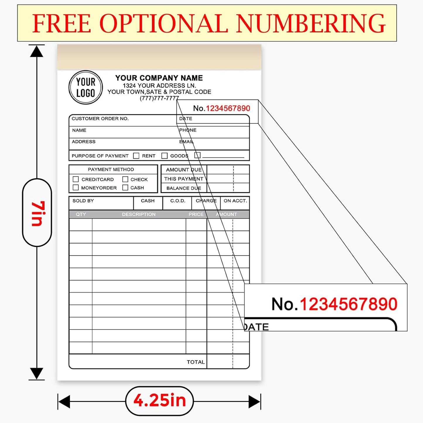 Custom Invoice Book for Small Business,4.5 x7 Inches Invoice Receipt Book, 2-Part Carbonless Forms, Personalized Company Name, Address, Phone Number