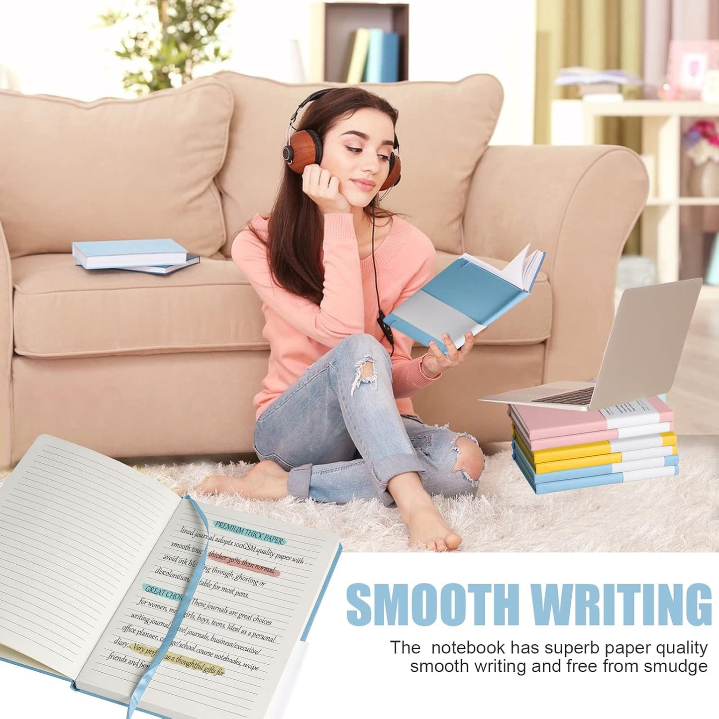 Lined Journal Notebook, 6Pack(sky blue), 160 Pages, Medium 5.7 inches x 8 inches - 100 gsm Thick Paper, Hardcover