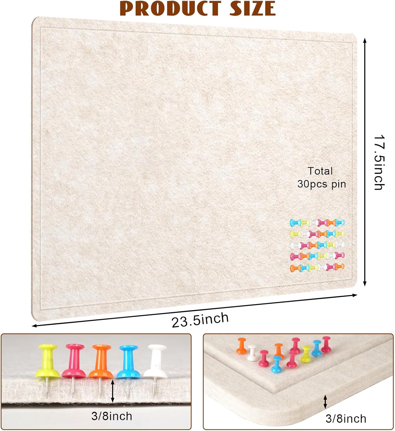 Bulletin Board, 23.5 X 17.5 inches Cork Board with 20 Pushpin, Felt Cork Board Notice Pin Board, Self-Adhesive Vision Board Mood Board Foldable Photo Board for Wall - Oatmeal