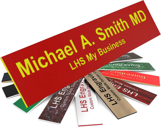 Door Name Plate Personalized for Office Red Plastic Name Plate with Yellow Letters - Made in USA 2x8 B22
