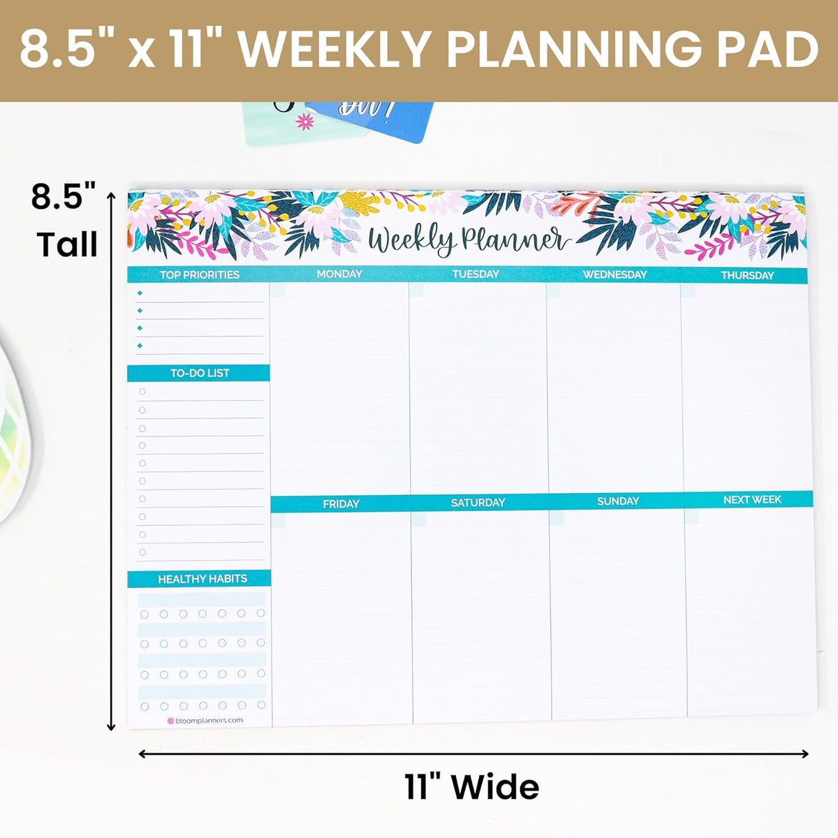 bloom daily planners Horizontal Weekly Tear-Off To Do List Planning Pad - Undated Notepad Organizer & Healthy Habit Tracker - 8.5” x 11” - Floral