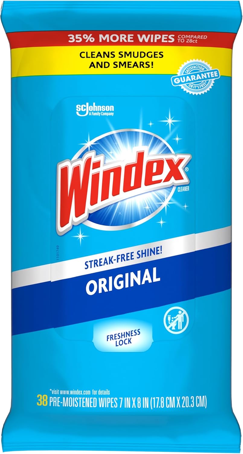 Windex Wipes Glass Cleaning, Pre-Moistened Glass and Surface Wipes to Clean Home Surfaces, Original Scent, 38 Count