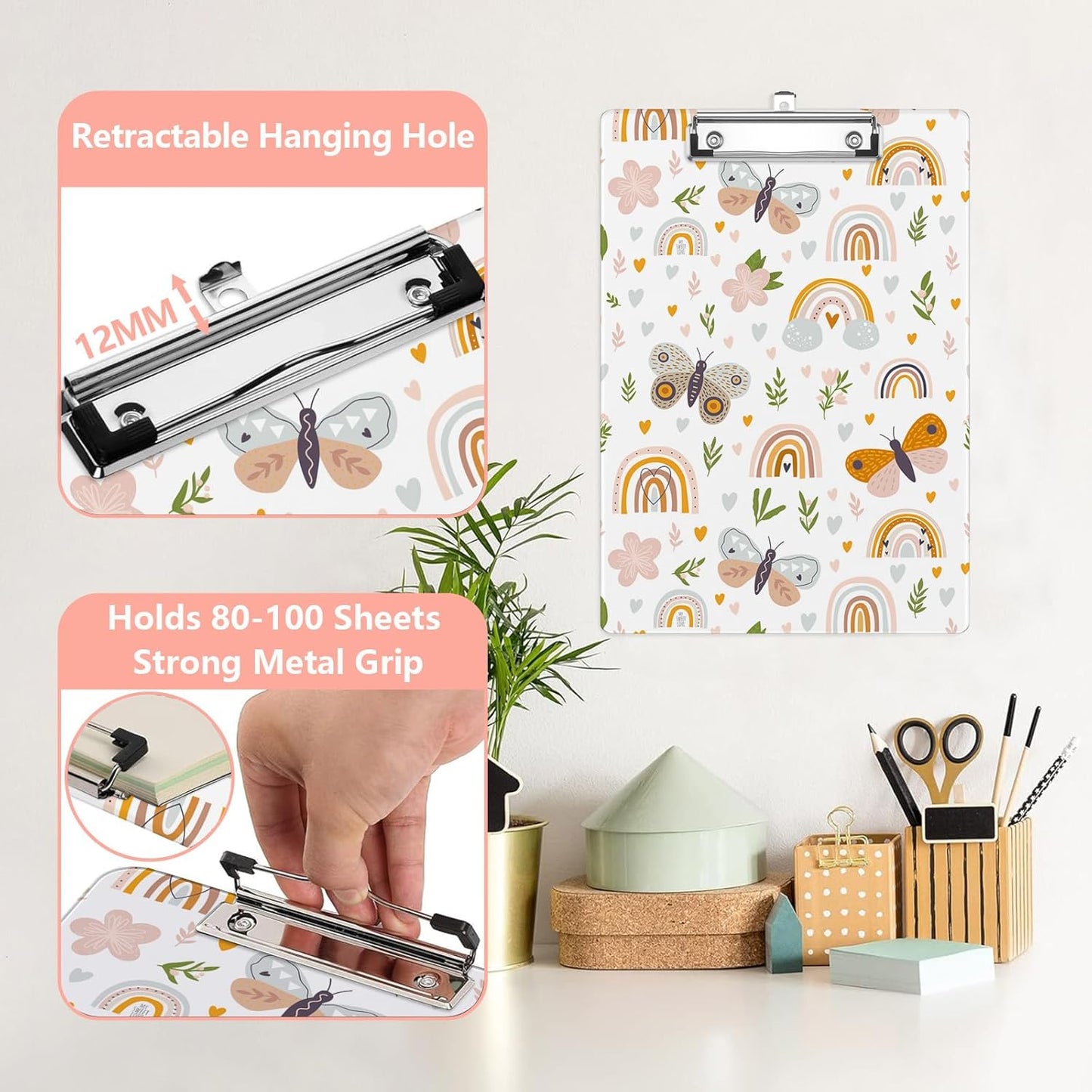 Leaves and Rainbow Plastic Clipboards,Cute Fashion Clipboard Decorative 8.5" x 12.5"Standard A4 Size Clipboards,Acrylic Clipboard for Teacher,Social Worker,Students,Nurse,Office Supplies