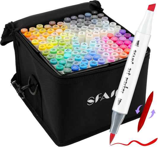 SFAIH Alcohol Markers Brush & Chisel - 121 Colors Double Tipped Art Markers for Adult Coloring Illustration, Gifts for Artist Adult - Adjustable Shoulder Strap & Faux Leather Lining & Outer Zip Pocket