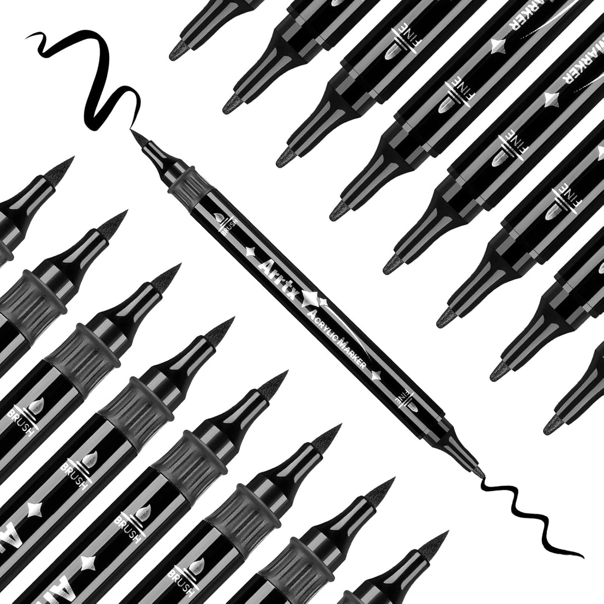 Arrtx Black Acrylic Paint Pens - 8 Pack Brush Tip and Fine Tip (Dual Tip) Black Paint Markers for Rock Painting, Water Based Acrylic Painting Supplies for Drawing, Wood, Canvas, Easter Egg