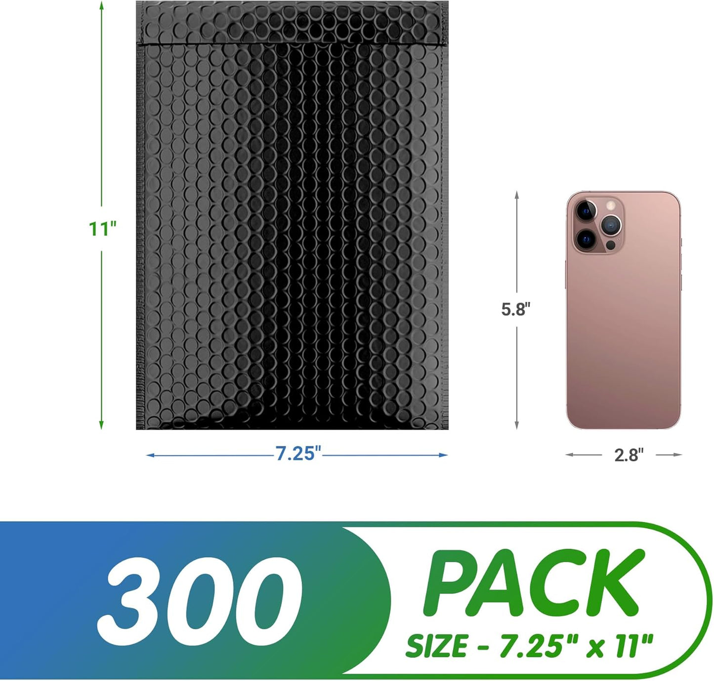 Matte Black Poly Bubble Mailers Self Seal, 7.25 x 11 Inch. Pack of 300 Bubble Packaging Envelopes for Shipping. Durable Padded Envelopes Waterproof. Self Seal Padded Mailers. Shipping Packages