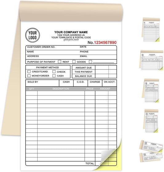Custom Invoice Book for Small Business,5.5 x 8.5 Inches Invoice Receipt Book, 2-Part Carbonless Forms, Personalized Company Name, Address, Phone Number