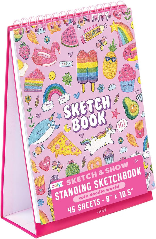 OOLY Sketch and Show Standing Sketchbook with 45 Large 10.5 x 8 Perforated Pages, 120 GSM/ 32lb Perfect for Markers, Colored Pencils, Back to School Supplies - Cute Doodle World