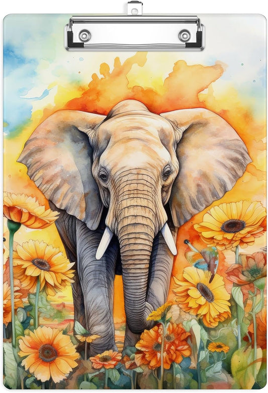 African Elephant Plastic Clipboards,Cute Fashion Sunflower Clipboard Decorative 8.5" x 12.5"Standard A4 Size Clipboards,Acrylic Clipboard for Teacher,Social Worker,Students,Nurse,Office Supplies