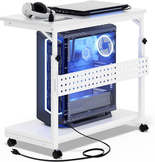 Computer Tower Stand with Power Strips, 4 Levels Manual Height Adjustable PC Tower Stand for Under Desk, Mobile Rolling CPU Holder, Computer Cart with Wheels, 24", Carbon Fiber White