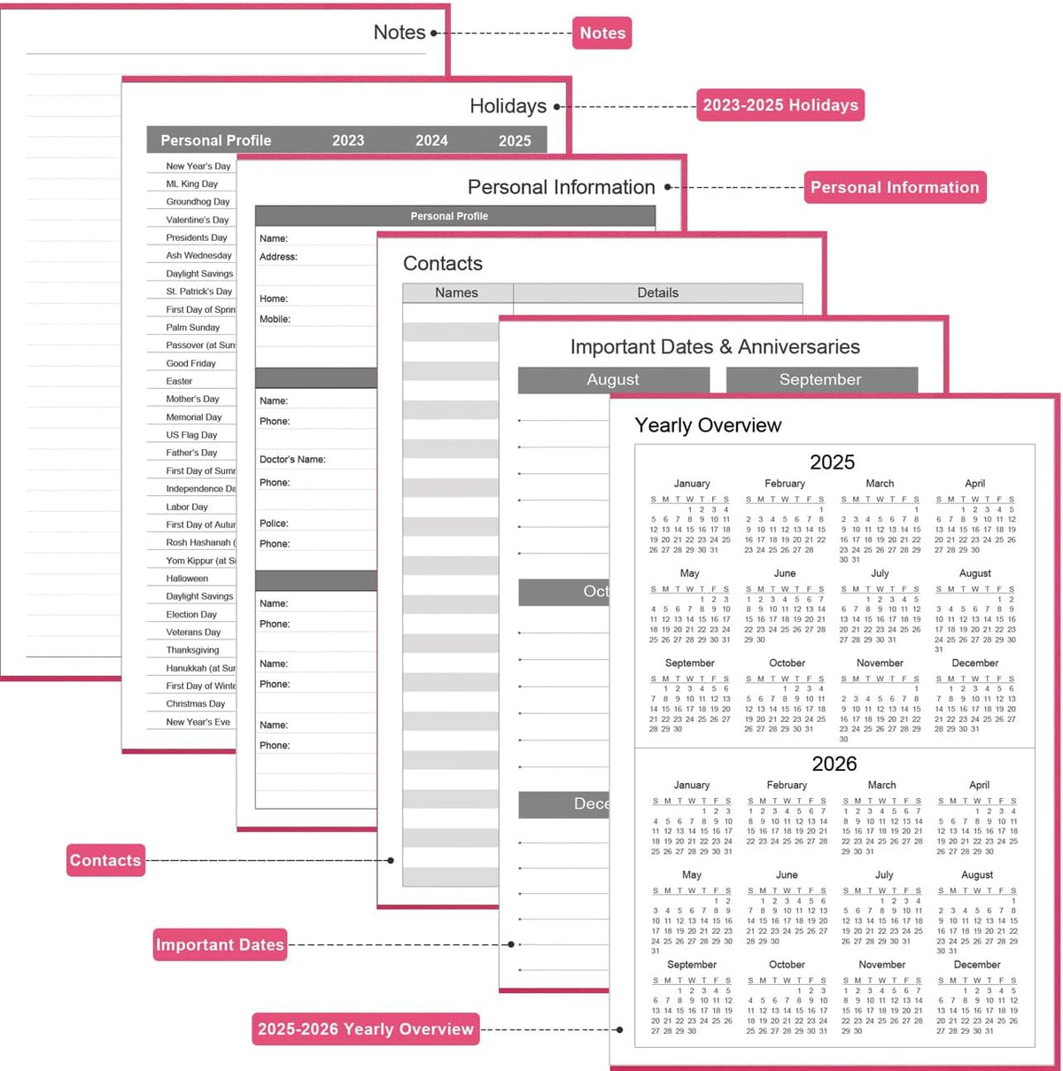Daily & Monthly Planner for 2025 2026 or Anytime - ADHD Planner Two Pages Per Day, Daily Planner Undated to Increase Focus, Eliminate Overwhelm, Achieve Your Biggest Goals, 5.8'' × 8.3'', Pink