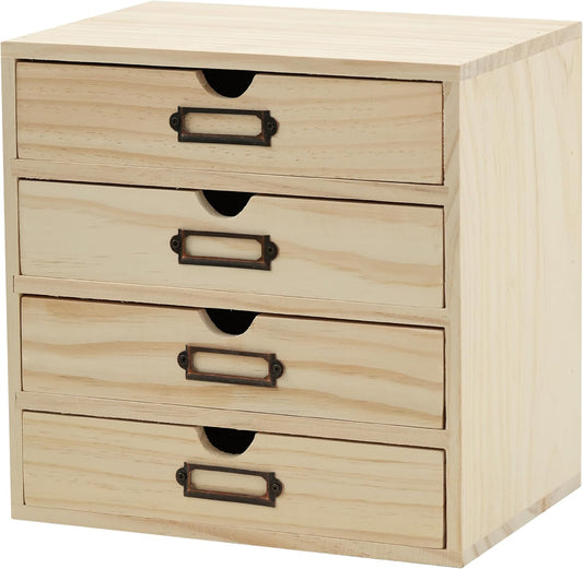 DIY Wooden Desk Organizer with Drawers – Unfinished 4-Drawer Desktop Storage Box – Personalizable Wood Desk Organizer for Crafts, Office, or Home – Compact Wooden Storage Drawers Ready to Decorate