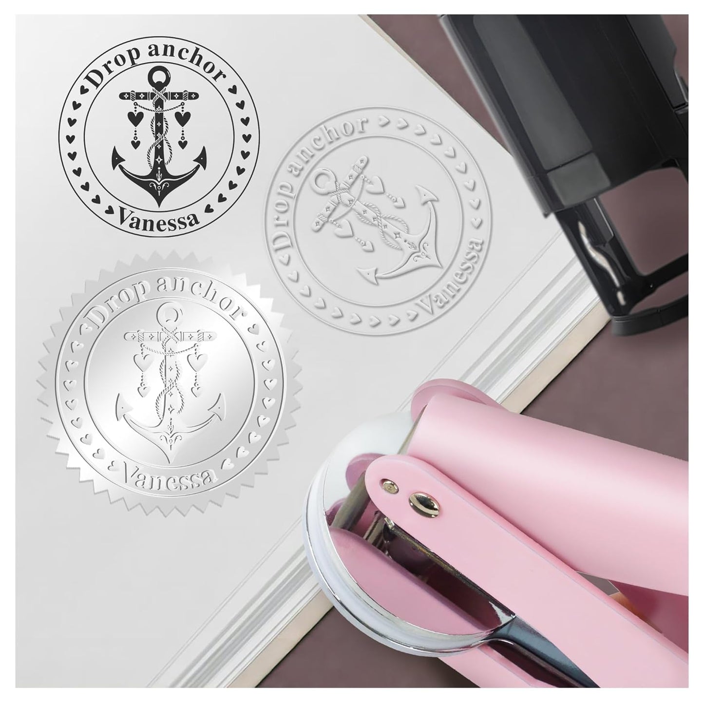 Book Embosser Custom Embosser Stamp with Your Name or Design Personalized Library Embosser Stamp Customized Books Business Cards Paper Documents Notebooks etc. (27)