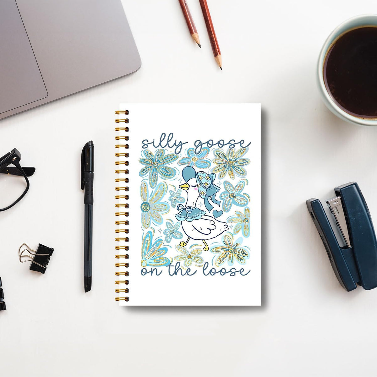 Guymn Blue Boho Floral Goose Notebook, Glitter Cute Goose Journal for Kids Girls, Geese Animal Lover Gifts Hardcover Spiral Notebooks Journals 5.5x8.3 Inch