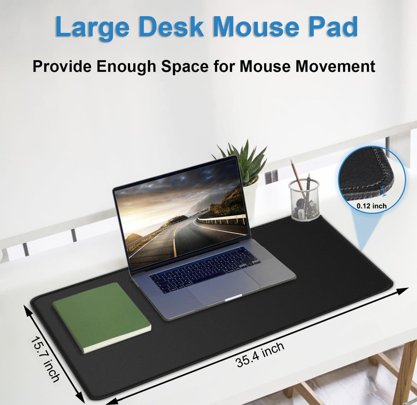 Extended Gaming Mouse Pad with Stitched Edges, 35.4x15.7x0.12 in Large Desk Mousepad Premium Microfiber Cloth Surface, Waterproof Non-Slip Stable Rubber Base Keyboard Mat for Home Office Gaming,Black