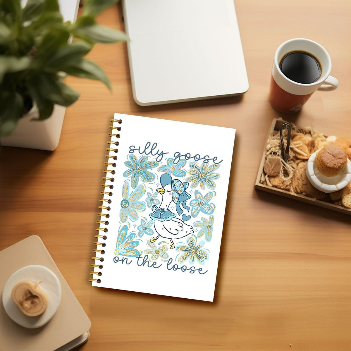 Guymn Blue Boho Floral Goose Notebook, Glitter Cute Goose Journal for Kids Girls, Geese Animal Lover Gifts Hardcover Spiral Notebooks Journals 5.5x8.3 Inch