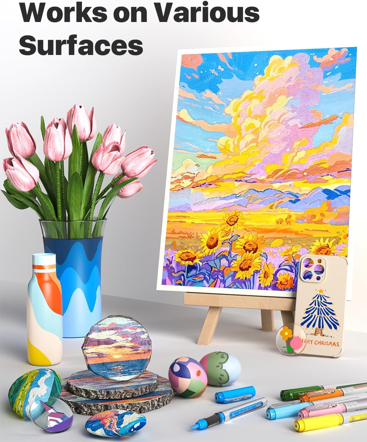 JusArt Acrylic Paint Markers Brush Tip 24 Colors for School Art, Water-Based No-Bleed Markers with Automatic Ink Control, Waterproof Acrylic Paint Pens for Rock, Egg, Wood, Fabric, Glass, DIY Crafts